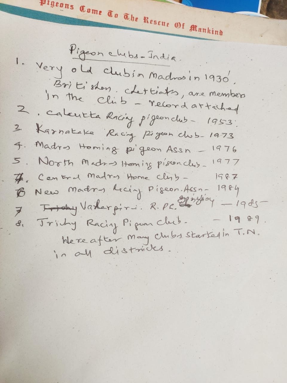 Timeline of  Pigeon Clubs in India